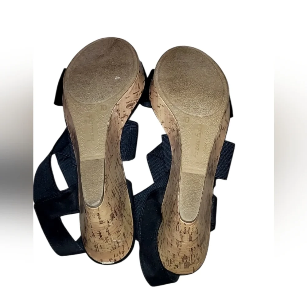 American Eagle Black Cork Wedge Sandals with Crossband Elastic Straps